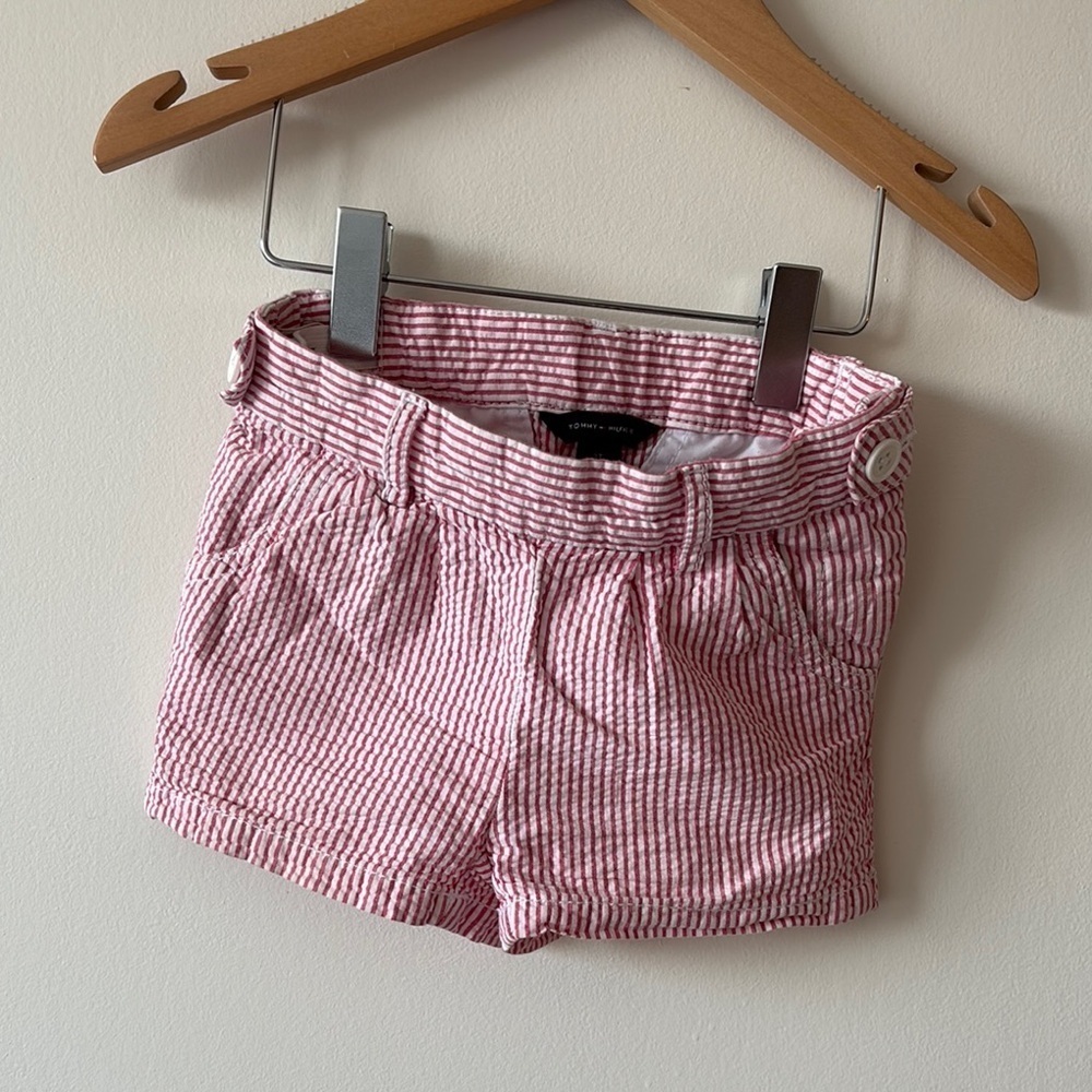Tommy Pink and White Seersucker Shorts with Elastic Waistband